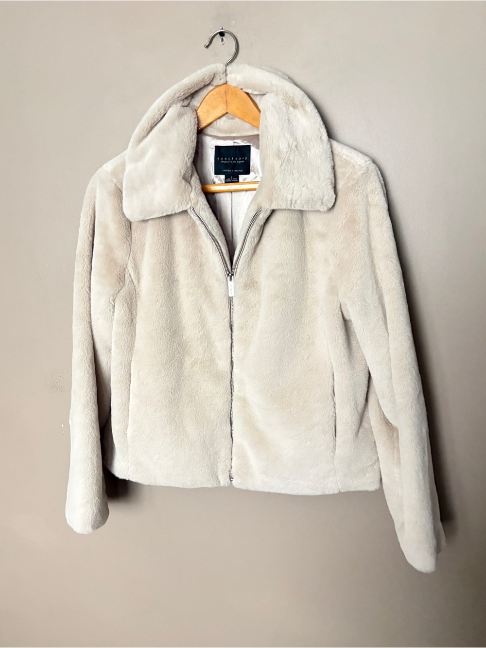 Sanctuary Cream Sami Faux Fur Zip Up Jacket Coat soft cozy neutral sz L EUC